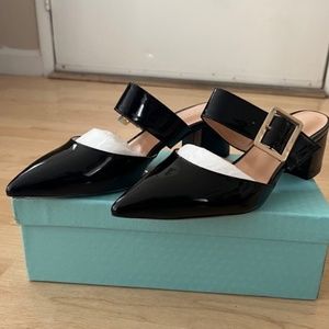 Women's Buckle Patent Solid Pointed Toe Chunky Low Heel Mules --Never Worn!